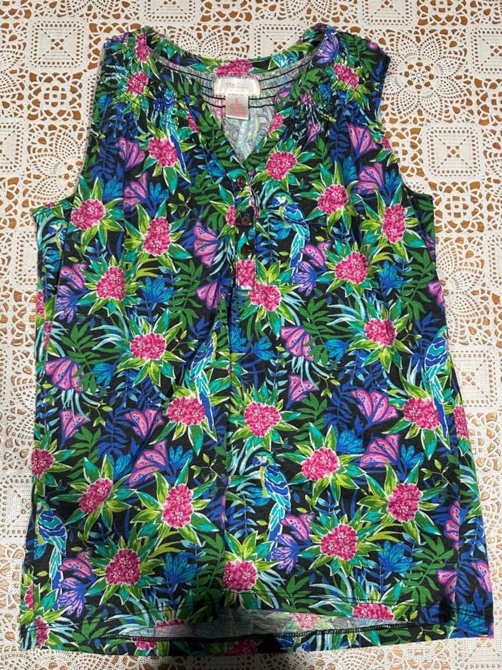 Stella Parker Tropical Floral Button Top